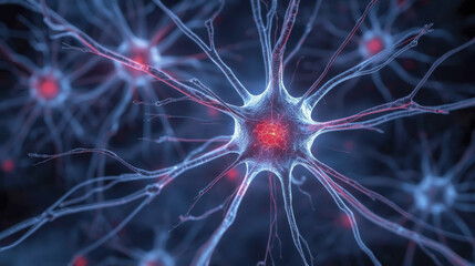 Cinematic close up of neuron cells with glowing synapses and electric signals connecting, set against deep blue background, showcasing high detail