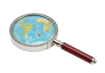 Isolated hand magnifier showing geographical map, earth globe with world countries