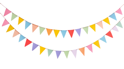 Colorful decorative bunting flags, perfect for celebrations and festive occasions, isolated on a white background.
