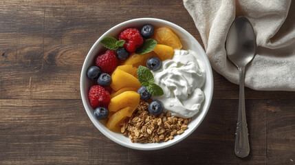 Healthy breakfast bowl featuring fresh fruits, granola, and yogurt arranged beautifully on wooden table, evoking sense of freshness and vitality