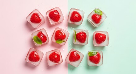 Frozen Strawberry Ice Cubes on Pink and Green Background.