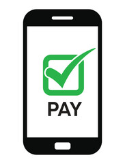 Vector illustration of a smartphone with "PAY" text and a green checkmark, symbolizing successful mobile payment confirmation. Clean, flat design on white background.