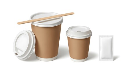 Two disposable coffee cups with lids and a stirrer on a white background