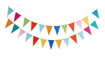 Colorful bunting flags on a white isolated background, perfect for festive celebrations and party decorations.