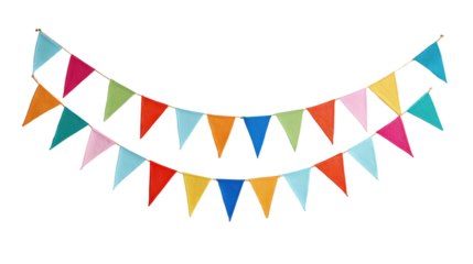 Colorful bunting flags on a white isolated background, perfect for festive celebrations and party decorations.
