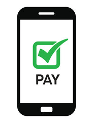 Vector illustration of a smartphone with "PAY" text and a green checkmark, symbolizing successful mobile payment confirmation. Clean, flat design on white background.