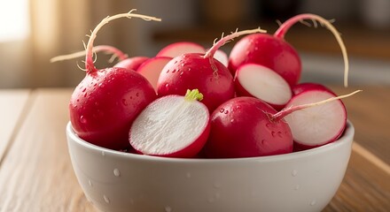 Fresh Radishes in a Bowl on a Wooden Table.