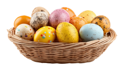 Colorful Easter eggs in a woven basket, perfect for spring celebrations and festive occasions.