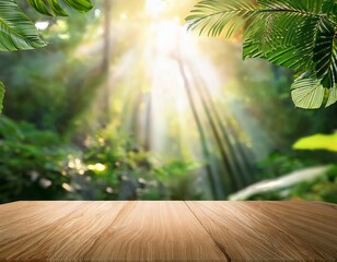wooden product display podium in jungle forest and sunshine shadow background product presentation theme nature and organic cosmetic and food concept