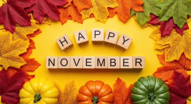 Happy november text with pumpkins and autumn leaves on yellow background - Powered by Adobe