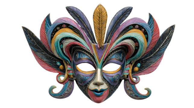 Colorful decorative mask with vibrant feathers, perfect for celebrations and festivities.