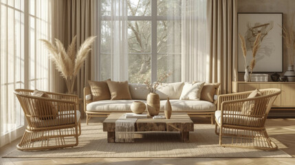 Cozy boho living room interior featuring neutral earth tones, rattan chairs, wooden coffee table, and pampas grass vase, illuminated by sunlight