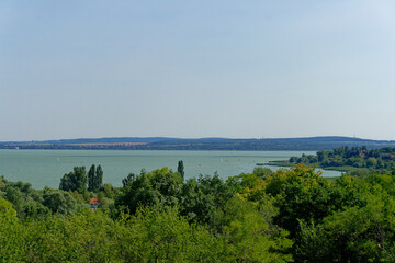 A serene lake surrounded by greenery under a bright blue sky on a beautiful summer day.