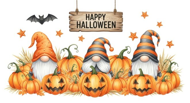 Happy halloween gnomes and pumpkins isolated on white background