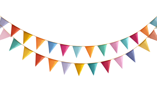 Colorful festive bunting flags on a white isolated background, perfect for celebrations and events.