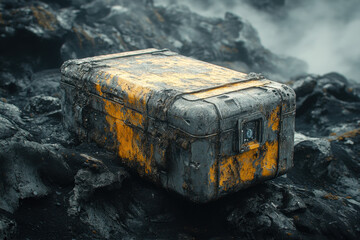 Yellow and black chest on rocky beach.