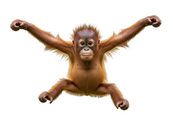 Isolated Orangutan baby hanging with outstretched arms and legs, isolated animal portrait