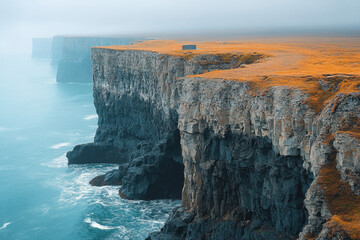 Person standing on edge of cliffs overlooking the sea.