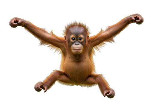 Isolated Orangutan baby hanging with outstretched arms and legs, isolated animal portrait