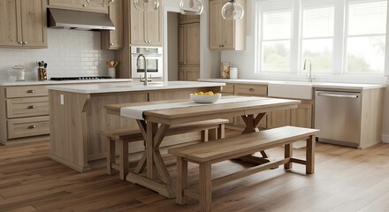 Sunlit Rustic Kitchen Featuring a Unique Island with an Integrated Trestle Table.