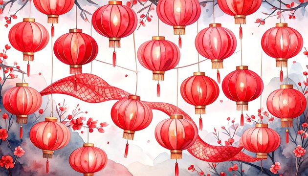 Red lanterns, cherry blossoms, and flowing ribbons, a watercolor-style design
