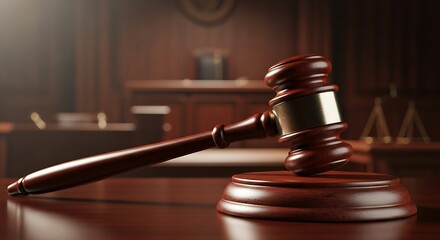 Gavel on Wooden Sounding Block in Courtroom.