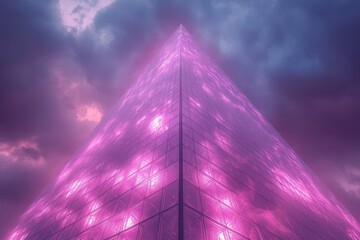 Pink light shines on tall building.