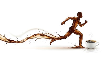 The Energy of Coffee, An abstract illustration of a runner whose body is made of brown coffee liquid, suggesting motion and energy