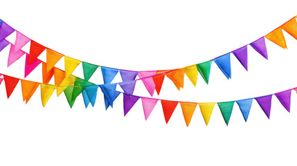 Colorful rainbow bunting flags on a white background, perfect for celebrations and festive decorations.