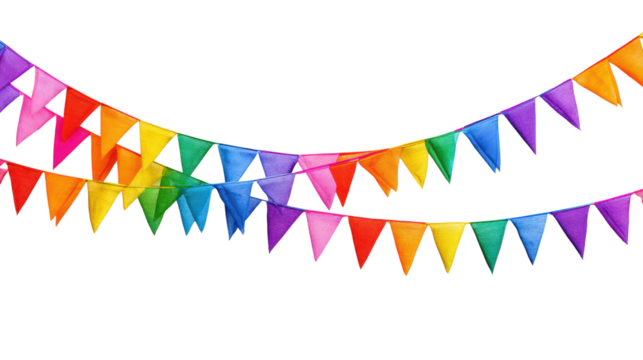 Colorful rainbow bunting flags on a white background, perfect for celebrations and festive decorations.