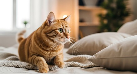 Ginger Cat Relaxing on a Cozy Bed.