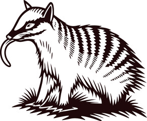 Obraz premium Hand drawn badger illustration in engraved vintage with detailed fur and grassy ground