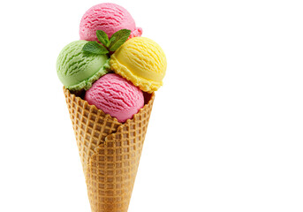 Isolated colorful ice cream cone with strawberry pistachio lemon, no background needed
