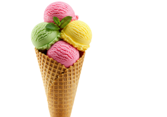 Isolated colorful ice cream cone with strawberry pistachio lemon, no background needed