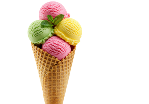 Isolated colorful ice cream cone with strawberry pistachio lemon, no background needed