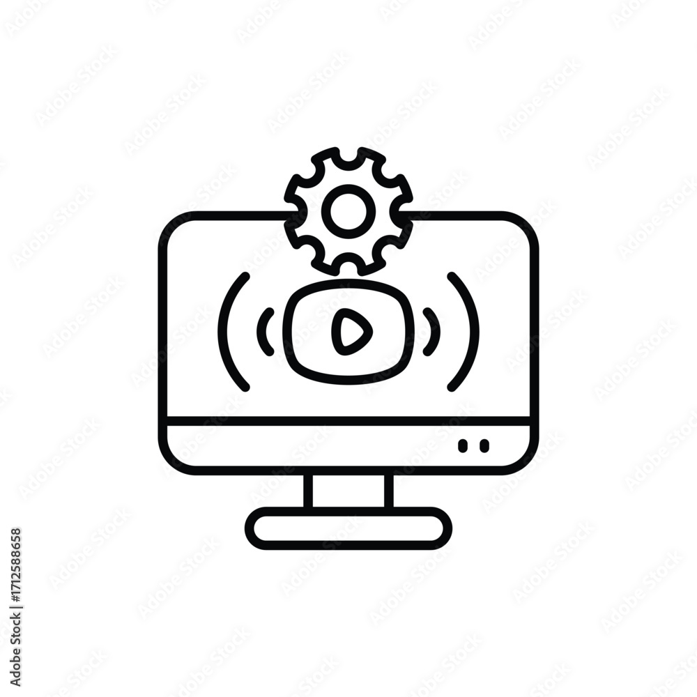 Poster a desktop computer with a video icon sound waves and a gear above. line icon. editable stroke