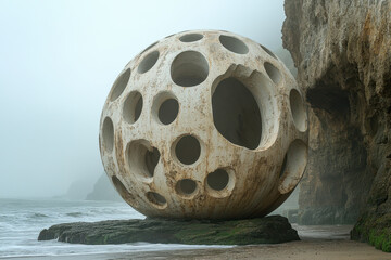 Large rock resting on beach sand.