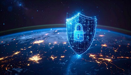 A glowing blue cloud with a central padlock floats in a dark digital space—surrounded by circuits and icons, evoking cybersecurity, data protection, and the futuristic rhythm of cloud infrastructure.