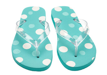 Isolated summer beach flip-flops with turquoise blue polka dot footbed and clear straps