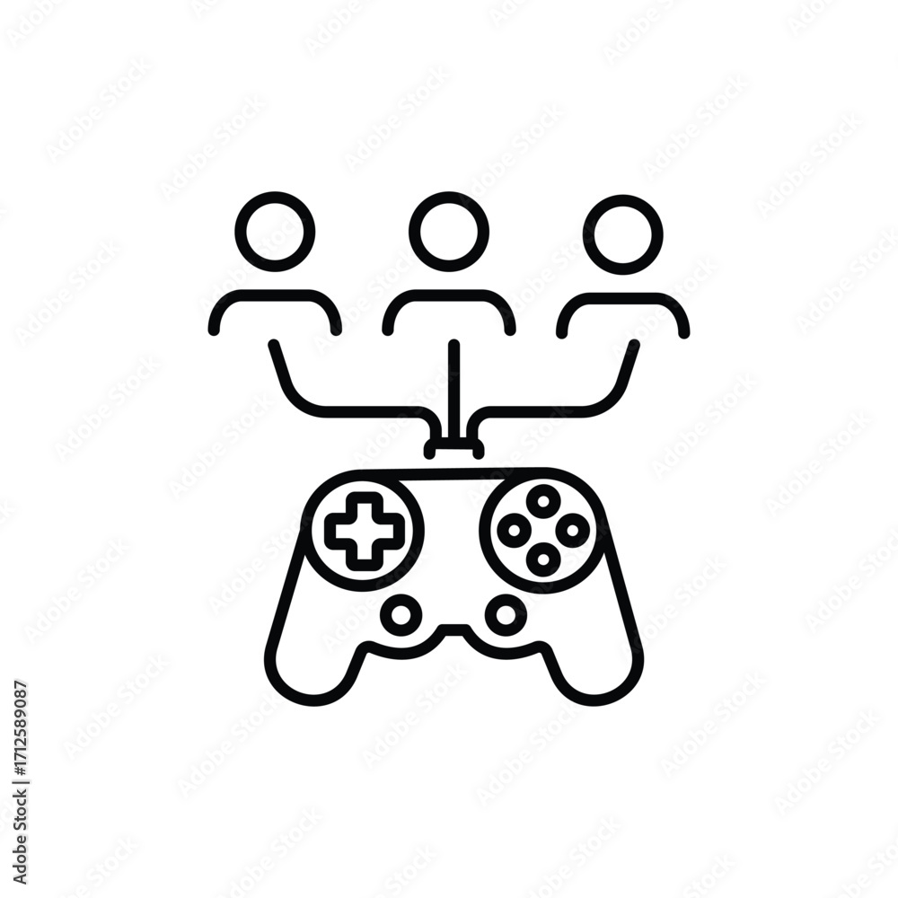Poster a gaming controller connected to three abstract figures suggesting multiplayer interaction. line ico