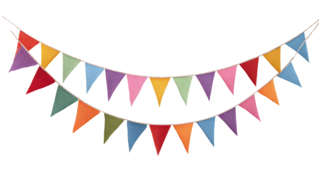 Colorful triangular flags creating a festive atmosphere on a white isolate background.