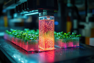 Plant growing inside a microscope.