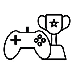A line drawing displays a game controller next to a trophy. Line icon. Editable stroke