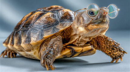 Turtle sporting glasses poses for a whimsical portrait on a light background