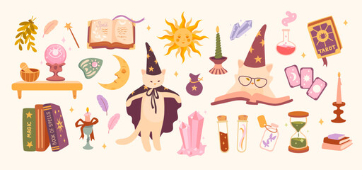 Cute magical collection in purple, pink, green colors with cute wizard cat, tarot cards, crystal ball, gold sun and moon, crystals. Pastel tones and cosy witchy aestethic. For stickers, poster, card
