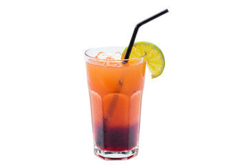 Isolated tall cocktail glass with ice, lime slice, and black straw for advertising drink