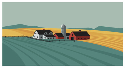Fototapeta premium Farm landscape displaying idyllic farm scene with rural buildings, golden fields and scenic hills. This farm landscape displays agricultural life, country living and serene panorama.