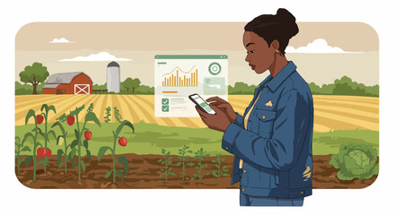 Woman uses smart farming technology on smartphone, analyzing crop data charts in agricultural field. Monitoring plant health and growth,