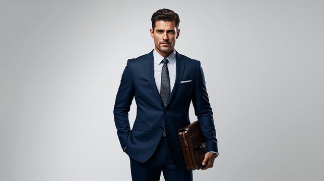 Handsome business man in suit with briefcase professional corporate executive formal attire confident look style