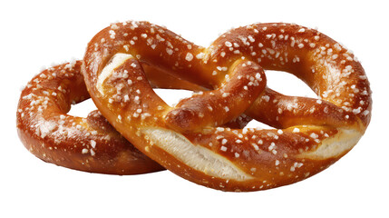 Golden brown pretzel with salt crystals isolated on transparent background